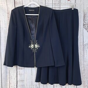VTG 80s/90s JACQUES VERT 12 Skirt Suit Set Navy Blue Floral Embroidery‎ Formal